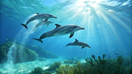 Group of dolphins swimming underwater in the ocean with sunlight shining through
