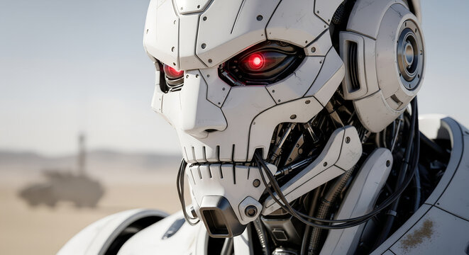 Futuristic robot with glowing red eyes in a desert landscape