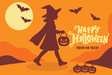 Happy Halloween illustration with witch silhouette,pumpkin,bats,and full moon in spooky night scene.Vector design for holiday greeting,decoration,and seasonal concept