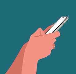 Hands using a smartphone with blank screen isolated on blue background Flat vector illustration. People chat, business time, using mobile apps, Contactless pay. Fingers touching, tapping, scrolling.
