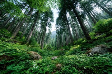 Obraz premium Lush forest floor looking up