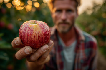 Man holding large red apple in orchard during Apple Savior festival  