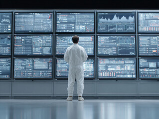 Analyst observing complex data across multiple screens. Represents information technology, security, systems monitoring, or scientific analysis. Clean, sterile aesthetic.