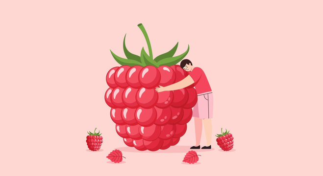 Affectionate Man Embracing a Gigantic Raspberry in a Sweet, Playful Scene