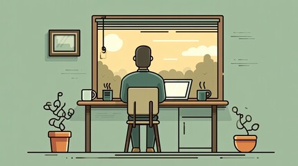 Obraz premium Person Working At Home Office Desk In Front Of A Laptop With Sunrise View Through Window Pixel Art Illustration