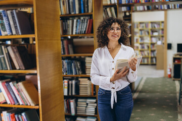 Fototapeta na wymiar Young student holding a book and smiling in the library