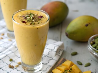 Refreshing mango lassi drink with pistachios and cardamom