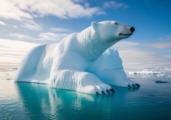 A massive polar bear sculpture carved from an iceberg floats in the cold Arctic Ocean under a blue sky.