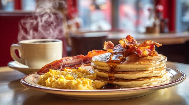 American diner breakfast plate golden pancakes stacked high maple syrup drizzle crispy bacon scrambled eggs steaming hot coffee cozy retro vibes - Powered by Adobe