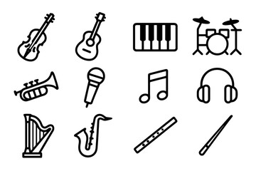 Set of 12 black music and performing art icons in flat vector style with white background, ideal for apps, websites, and cultural design projects.