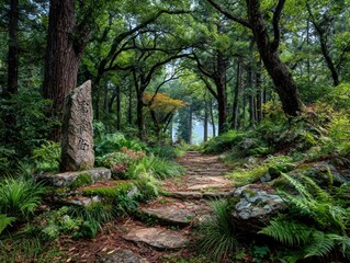 Forest path with stone