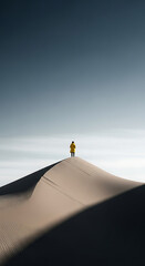 A lone figure in yellow stands atop a vast sand dune, under a clear sky, creating a striking contrast of color and scale.