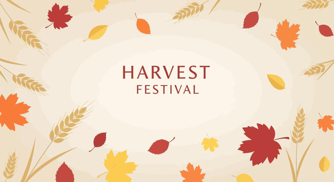 Autumnal Harvest Festival Background with Falling Leaves and Wheat Stalks