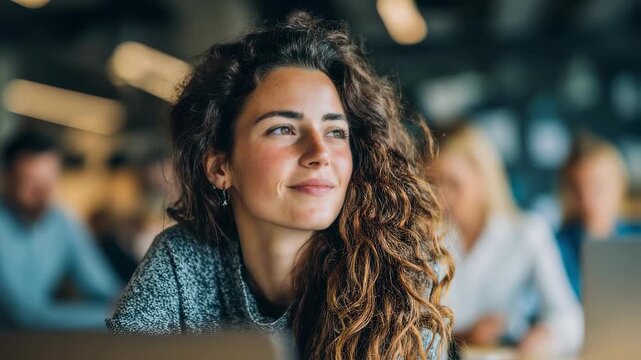 Close medium shot highlighting an interns thoughtful expression at a laptop with softly blurred coworkers in healthcareagency settings cultivating new talent through pipeline