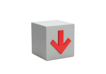 Isolated White Cube with Red Down Arrow for Download or Decrease