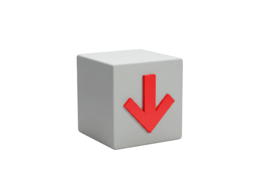 Isolated White Cube with Red Down Arrow for Download or Decrease