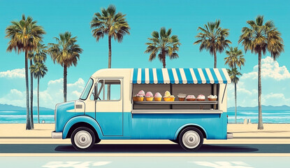 Vintage Ice Cream Truck Serves Sweet Treats Amidst Palm Trees and Ocean Breeze