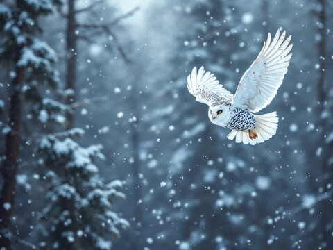 white owl flying over frozen forest