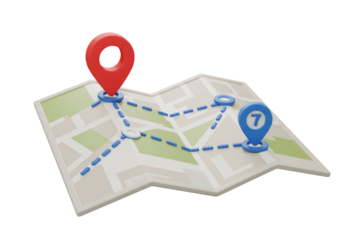 Isolated Folded Map with Route and Location Pins for Travel Planning