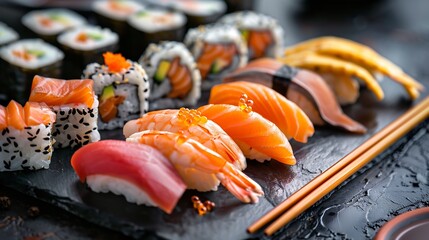 Authentic Japanese sushi platter nigiri sashimi and maki rolls on black stone plate with chopsticks