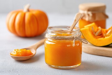 Bright orange pumpkin puree is displayed in a jar beside sliced pumpkin and scattered seeds on a gray surface.