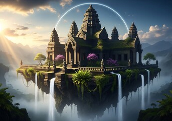 A majestic ancient temple complex rests on a floating island, surrounded by cascading waterfalls and lush vegetation, bathed in the warm glow of a setting sun.