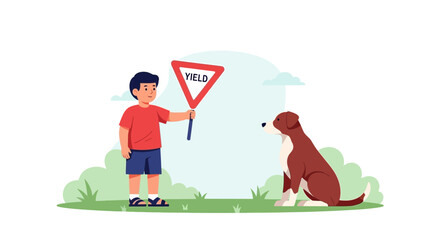 Boy Holding Yield Sign Teaching Dog Discipline In Playful Outdoor Scene