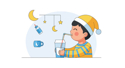 Fototapeta premium Boy In Pajamas Drinking Milk Before Bedtime Illustration Cartoon Vector