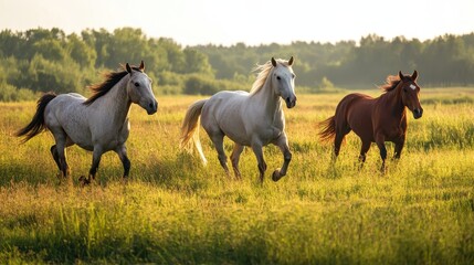 Fototapeta premium Majestic Horses Galloping Freely in a Serene Pasture Under a Vast Sky