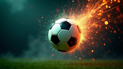 Naklejka premium Soccer ball exploding with orange sparks and light on a grassy field football sport