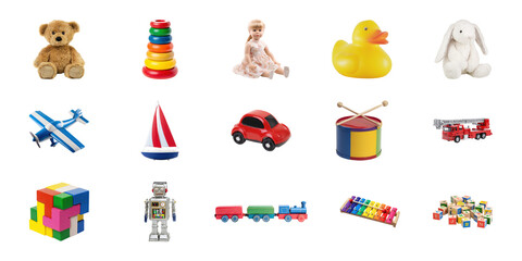 Assorted Children'S Toys Collection. Playful And Educational Toy Set For Kids Isolated On Transparent Background