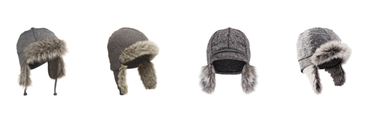 Faux Fur Winter Trapper Hats Set. Warm And Stylish Cold Weather Accessories Collection Isolated On Transparent Background