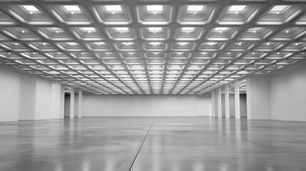 Monochrome Interior of a Vast Warehouse Featuring a Repetitive Coffered Ceiling and Empty Industrial Space