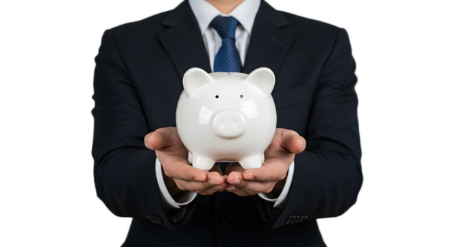 A businessman in a dark suit and tie holds a white piggy bank in his hands, representing financial savings and investment.