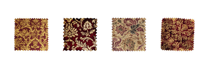 Luxurious Brocade Fabric Swatches Set. Elegant Textile Patterns Collection Isolated On Transparent Background