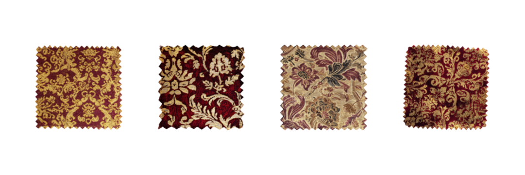 Luxurious Brocade Fabric Swatches Set. Elegant Textile Patterns Collection Isolated On Transparent Background