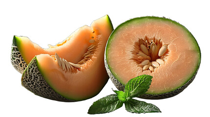 Sweet cantaloupe melon, sliced and isolated on white, with a beautiful orange color