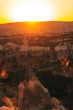 Aerial View of Fairy Chimneys in Love Valley Cappadocia at Golden Hour Sunset