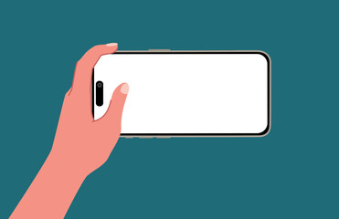 A hand using a smartphone with blank screen isolated on blue background Flat vector illustration. People chat, business time, using mobile apps, Contactless pay. Fingers touching, tapping, scrolling.
