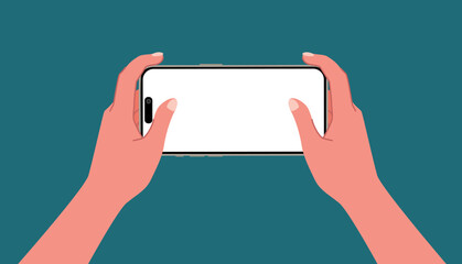 Hands using a smartphone with blank screen isolated on blue background Flat vector illustration. People chat, business time, using mobile apps, Contactless pay. Fingers touching, tapping, scrolling.