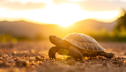 Tortoise traversing a dirt path during a vibrant sunset