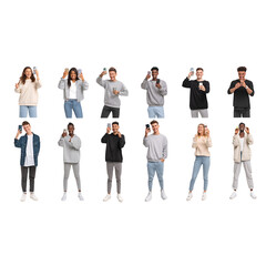 Obraz premium Diverse young people happily holding smartphones, capturing moments, and celebrating modern connection and digital engagement with vibrant energy