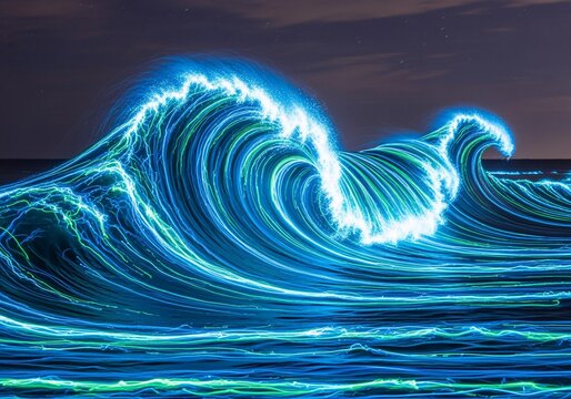 A stylized depiction of glowing, electric-blue ocean waves cresting under a dark sky.