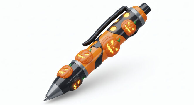 A stylish writing pen covered in a seamless Halloween pattern of carved pumpkins. This 3D illustrated stationery item is isolated on white, making it a great accessory for school or office during Oct.