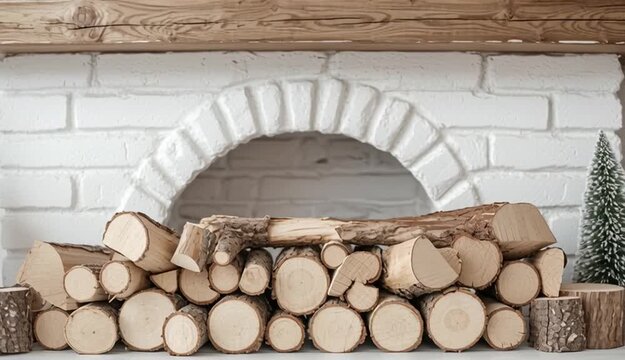 Rustic white brick fireplace filled with stacked wood logs, wooden mantel with fresh evergreen spruce branches, natural wood cross-sections showing tree rings, cozy winter decor, Scandinavian style,