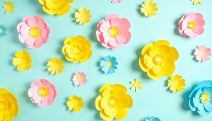 Pastel paper flowers on a teal background