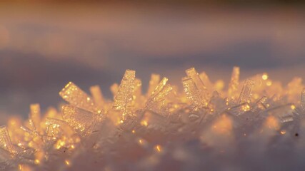 Close-up of frost crystals illuminated by golden light, creating a sparkling, textured surface. - Powered by Adobe