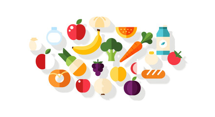 Fototapeta premium Colorful Food Arrangement, Healthy Fruits and Vegetables, Kitchen Setting, Digital Illustration, Bright Environment, Top View, Nutrition Concept