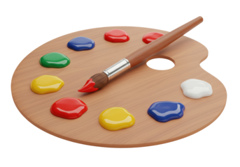 Isolated 3D Render of an Artist's Wooden Paint Palette with Various Colors and a Paintbrush