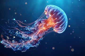 Fototapeta premium A vibrant jellyfish moves elegantly through the dark sea, leaving a trail of luminous bioluminescence.
